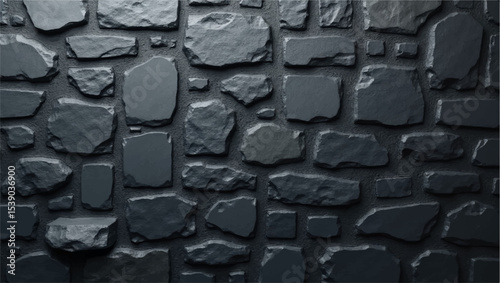 A dramatic,close-up shot of a textured black brick or stone wall,with strong,uneven lighting highlighting its rough,three-dimensional surface.The deep shadows and bright facets create a sense of depth