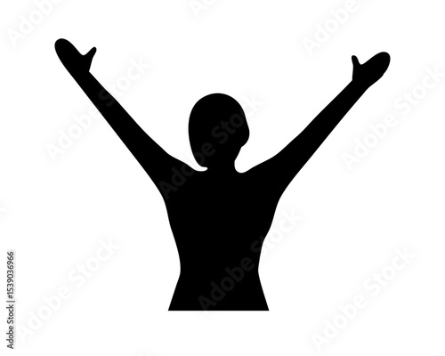 Woman with Raised Arms Silhouette Celebrating Life - Joyful Freedom Pose on White