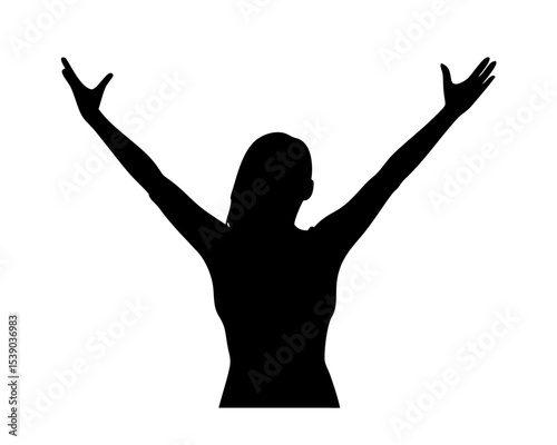 Woman with Raised Arms Silhouette Celebrating Life - Joyful Freedom Pose on White