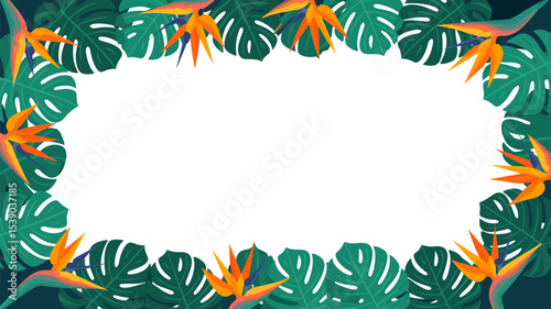 Tropical monstera leaves and bird of paradise flowers frame for summer background and design element editable stock vector illustration