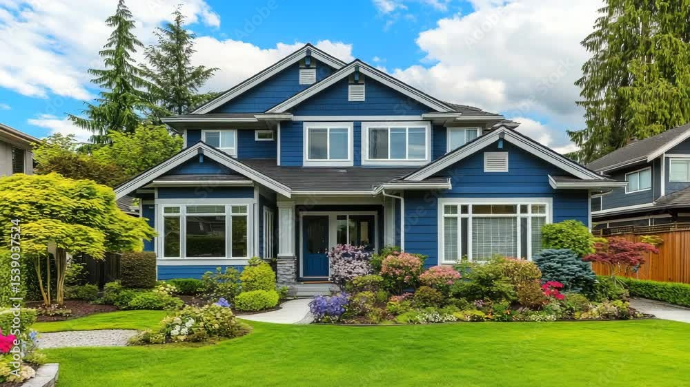 Beautiful blue house exterior with manicured lawn and lush landscaping, perfect for suburban home design themes
