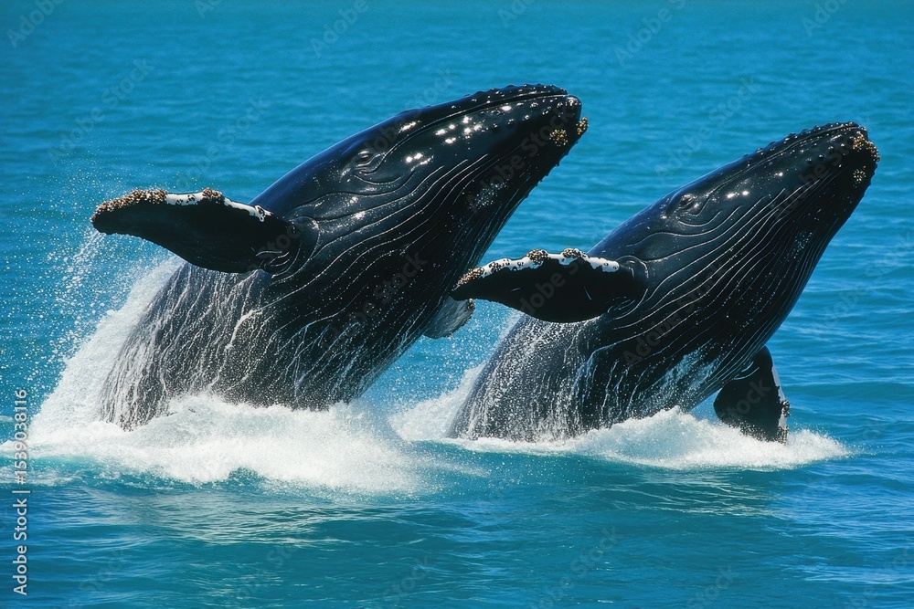 Fototapeta premium Humpback whales breaching in the clear waters of Australia during their migration, Whales breaching together on ocean surface Australia wildlife nature