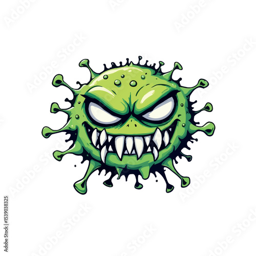 Cartoonish Vector Sticker of a Green Germ with an Angry Expression Display