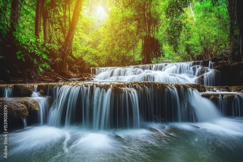 Majestic rainforest waterfall cascading through lush greenery in Thailand, Rainforest waterfall nature background Beautiful Thailand landscape
