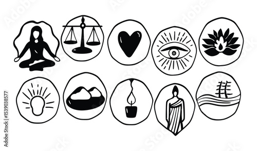 Collection of spiritual and wellness symbols including meditation balance love and enlightenment isolated on white background
