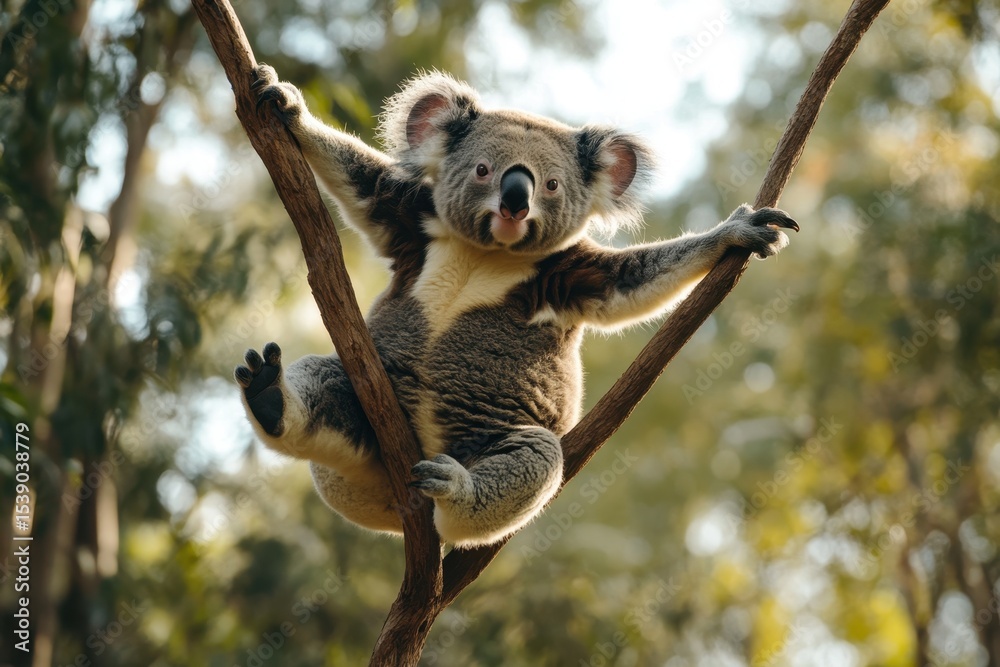 Obraz premium Koala bear jumps from tree branch while climbing in natural habitat during daytime, Koala bear on tree branch jumps away while climbing trees in Australia forest
