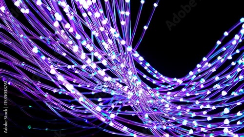 glowing fiber optic cable. Information flows through wires. Technology and information transfer concept. Modern violet blue color spectrum. 4K
