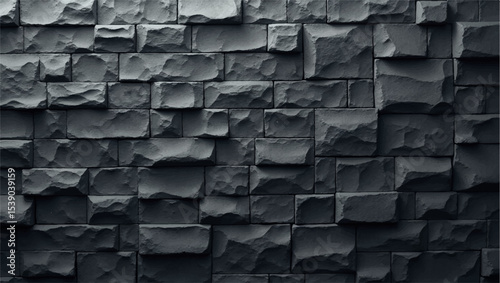 A dramatic,close-up shot of a textured black brick or stone wall,with strong,uneven lighting highlighting its rough,three-dimensional surface.The deep shadows and bright facets create a sense of depth