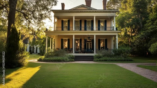 Classic antebellum-style house glowing in golden hour sunlight with historic charm
