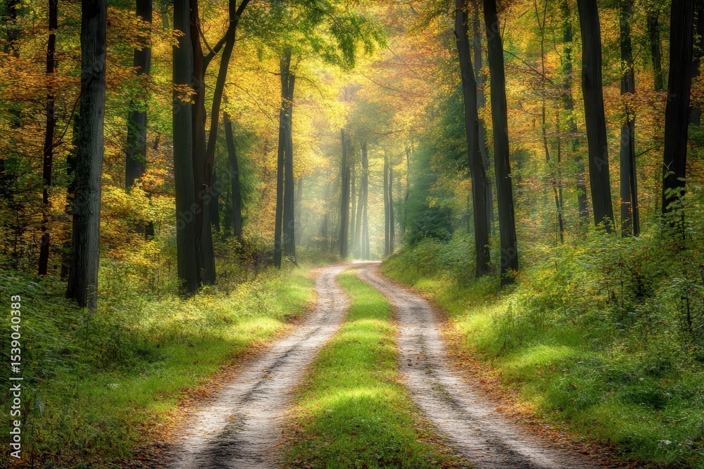 Fototapeta premium Winding pathway through a tranquil autumn forest filled with vibrant colors and morning light, The road way through the autumnal forest natural way, Tropical forest nature field path way