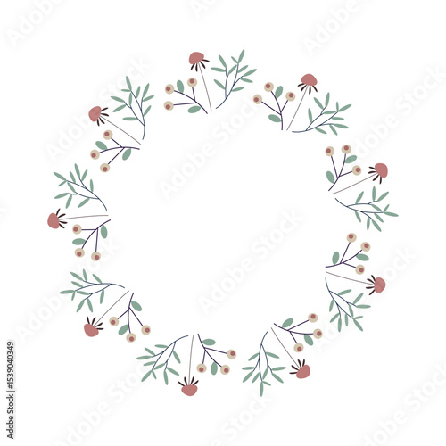 Spring flowers. Spring leaves circle frame. Round border made of fall leaves in pink, yellow, and green. Vector flat isolated on white background.	