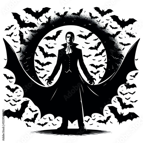 Silhouette of a Vampire Surrounded by Bats in a Gothic Style