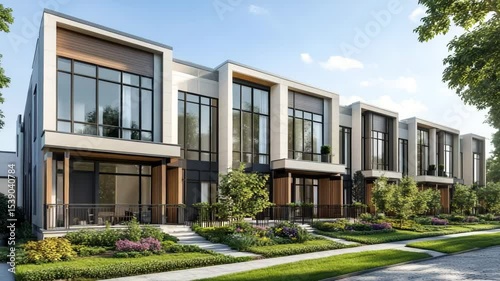 Contemporary city townhomes with clean architecture, bright sunlight, and greenery, ideal for residential property showcases