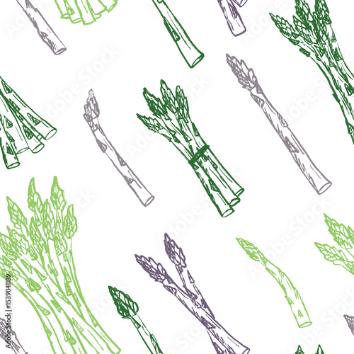 Seamless pattern with asparagus bundle tied with a stripe in black brush stroke texture isolated on white. Hand drawn vector sketch illustration in vintage charcoal ink. Harvest, package design