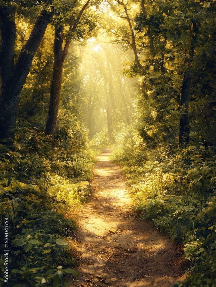 Obraz premium A sun-drenched forest path, bathed in golden light, reveals a mystical, verdant canopy.