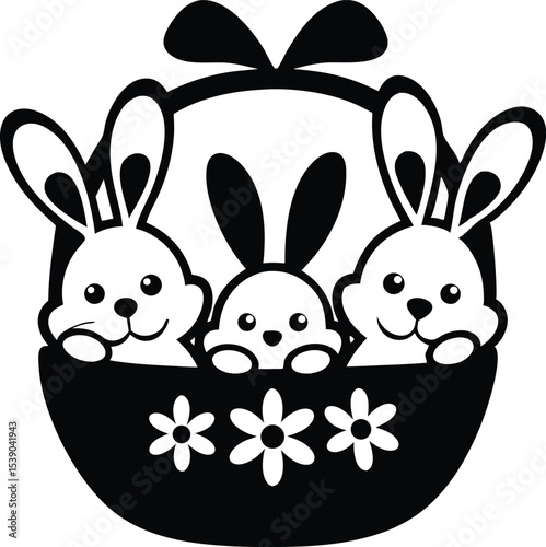 Three Easter Bunnies in Flower Basket – Cute Vector Illustration
