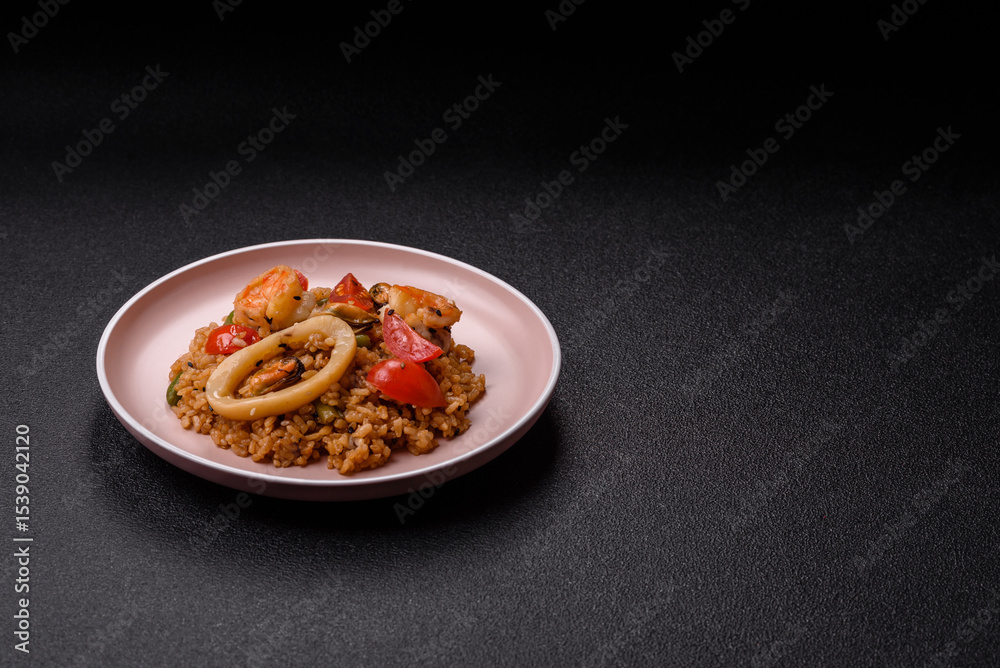 Fototapeta premium Rice and prawns or paella, a meal with seafood and vegetables. Cooked rice with shrimp