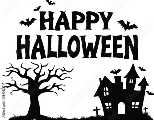 Happy Halloween Silhouette with Haunted House Tree and Bats
