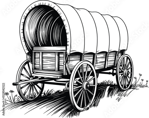 Covered Wagon Line Art, Vintage Pioneer Cart Sketch Drawing

