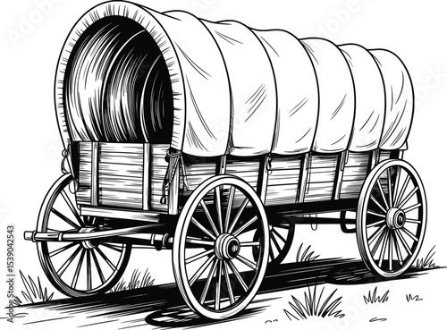 Covered Wagon Line Art, Vintage Pioneer Cart Sketch Drawing

