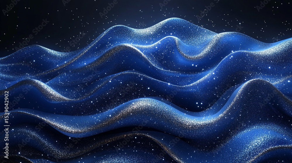 Obraz premium Sparkling blue fabric waves with glitter on dark background