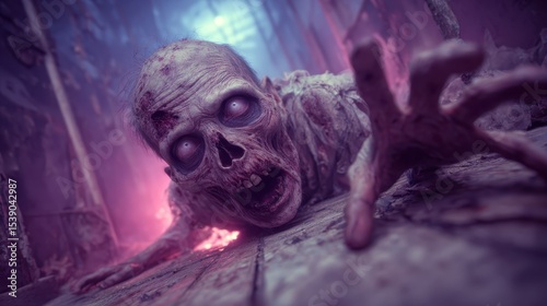 A terrifying zombie with decayed skin and glowing eyes reaches out menacingly from a dark, eerie environment illuminated by purple and blue lighting. photo