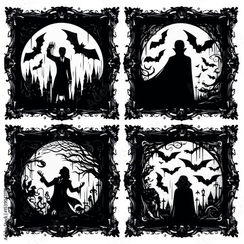 Silhouette of a Vampire Surrounded by Bats in a Gothic Style with white baground
