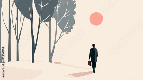 Man in black suit walking through minimalist forest at sunset on beige background healthy lifestyle