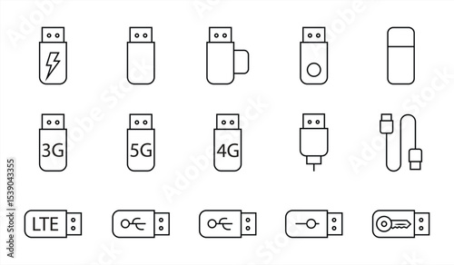 icon set flashdisk USB. Set modem 3g,4g,5g,lte, USB stick security key, USB cable, type c port vector icon with editable stroke. vector illustration