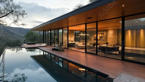 Contemporary residence with glass walls and open layout, blending seamlessly with canyon scenery and wildlife