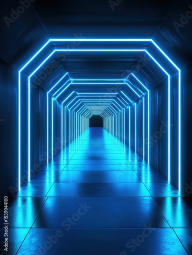 Abstract futuristic corridor with glowing neon lights creating a perspective view into infinity modern architecture with blue light and dark background