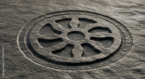 Close-up of a Jainism symbol carved into stone