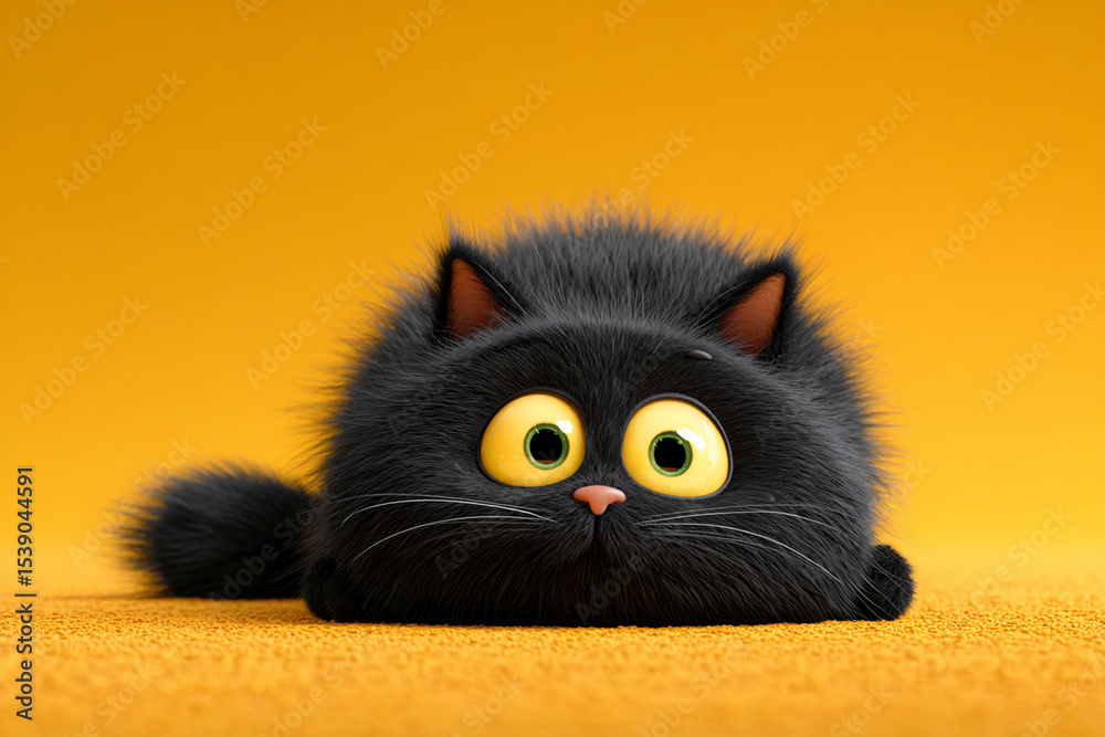 Fototapeta premium Fluffy black cat with large eyes lies comfortably on a vibrant yellow surface, showcasing a cute expression