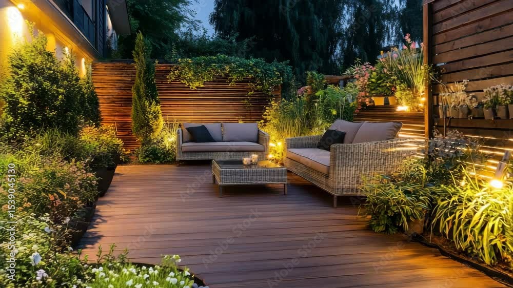 Cozy modern patio featuring wood deck, lush garden wall, and soft warm lights