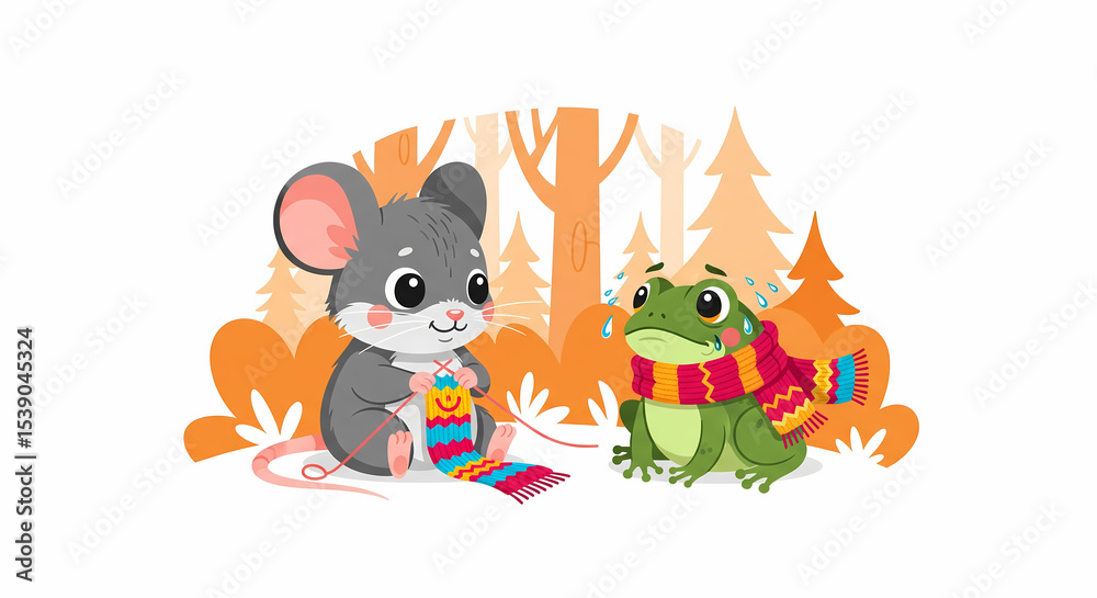 Fototapeta premium Cute Cartoon Mouse Knitting a Scarf for a Crying Frog