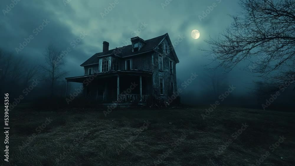 Creepy nighttime view of deserted house interior and exterior, perfect for horror and mystery settings