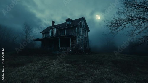 Creepy nighttime view of deserted house interior and exterior, perfect for horror and mystery settings
