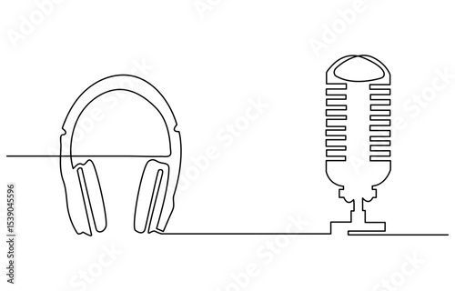 Continuous one line drawing of headphone speaker and microphone. Single line drawing illustration of Microphone and headphone template. Podcast concept vector art. Doodle line illustration.