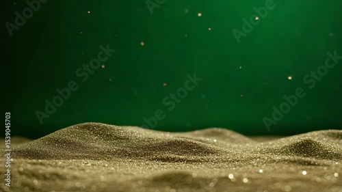 Shimmering sand floating in slow motion with a green screen background  