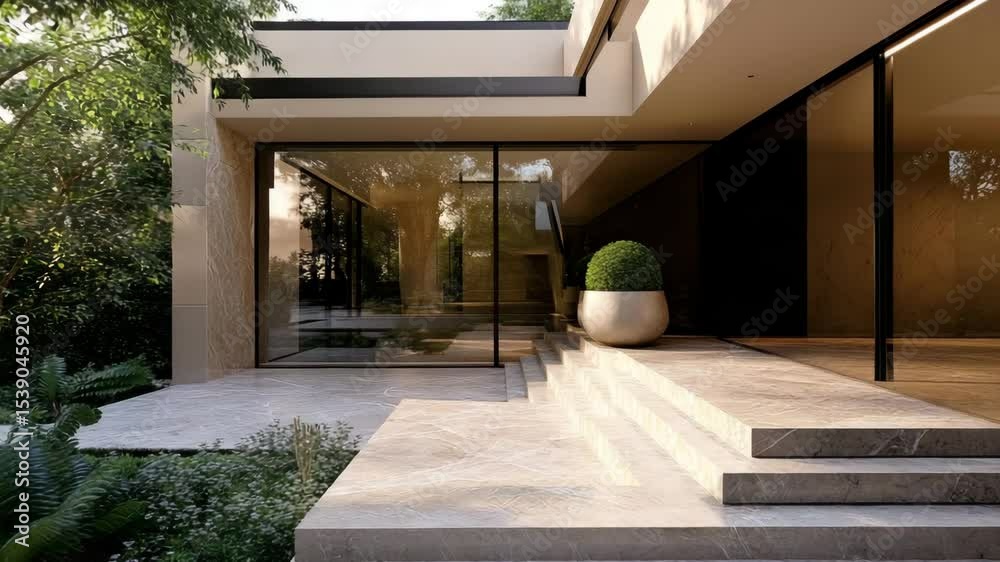 Elegant front entry of contemporary villa featuring marble stairs, large windows, and garden courtyard