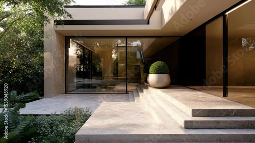 Elegant front entry of contemporary villa featuring marble stairs, large windows, and garden courtyard