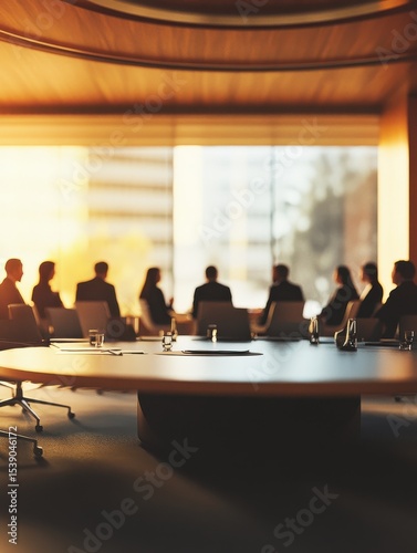 Corporate meeting room with a round table, blurred figures of business professionals engaged in discussion, contemporary interior design