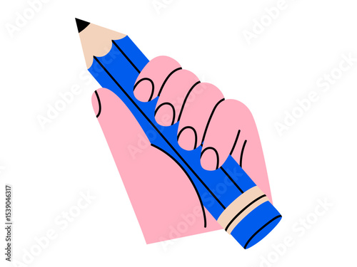 Hand drawn cute illustration of hand holding pencil. Flat vector school stationery in arm doodle. Creative process. Designer or painter. Education tool. Writing a message sticker, icon. Isolated.