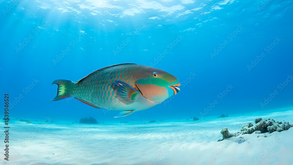 Naklejka premium A vibrant parrotfish swimming gracefully in the clear blue ocean above a sandy seabed with coral reefs