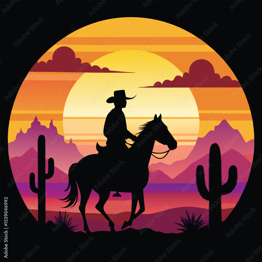 Fototapeta premium Horse and Cowboy Silhouette at Sunset