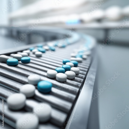 White and blue tablets move along a curved conveyor belt in pharmaceutical production. The topic of technological efficiency and mass production of medicines.