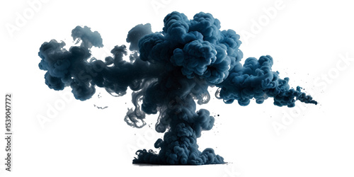 Beautiful blue smoke plume isolated on transparent background. bright orange paint color powder festival background.	
