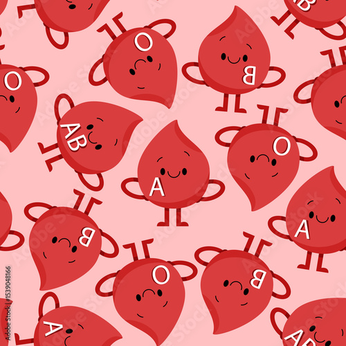 Seamless pattern of blood droplet character with different blood types