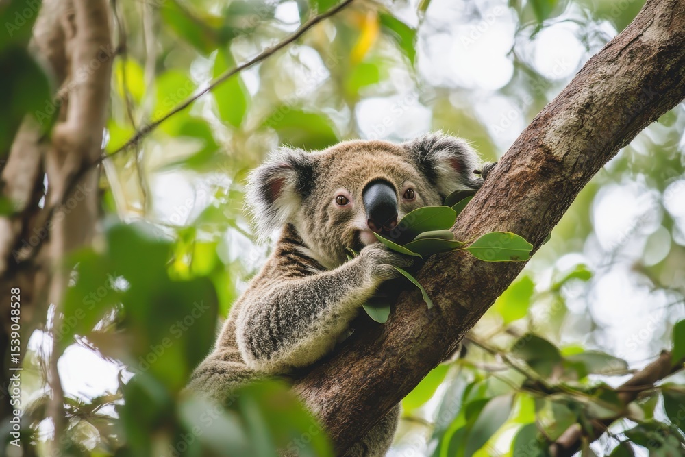 Fototapeta premium Koala enjoys eucalyptus leaves while perched on a tree branch in the forest, Koala on tree branch eats eucalyptus leaves in forest