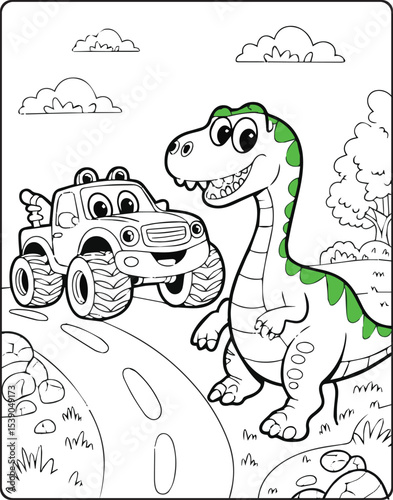 Beautiful cartoon monster truck with a cute dinosaur on natural road black and white line art vector for children coloring page